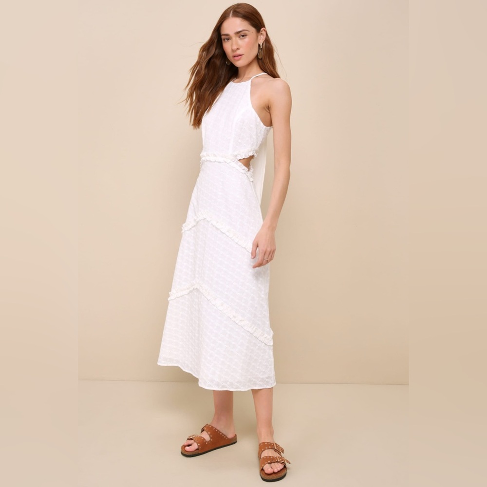 Lulu’s Perfectly Serene White Eyelet Ruffled Tie-Back Midi Dress Size Medium